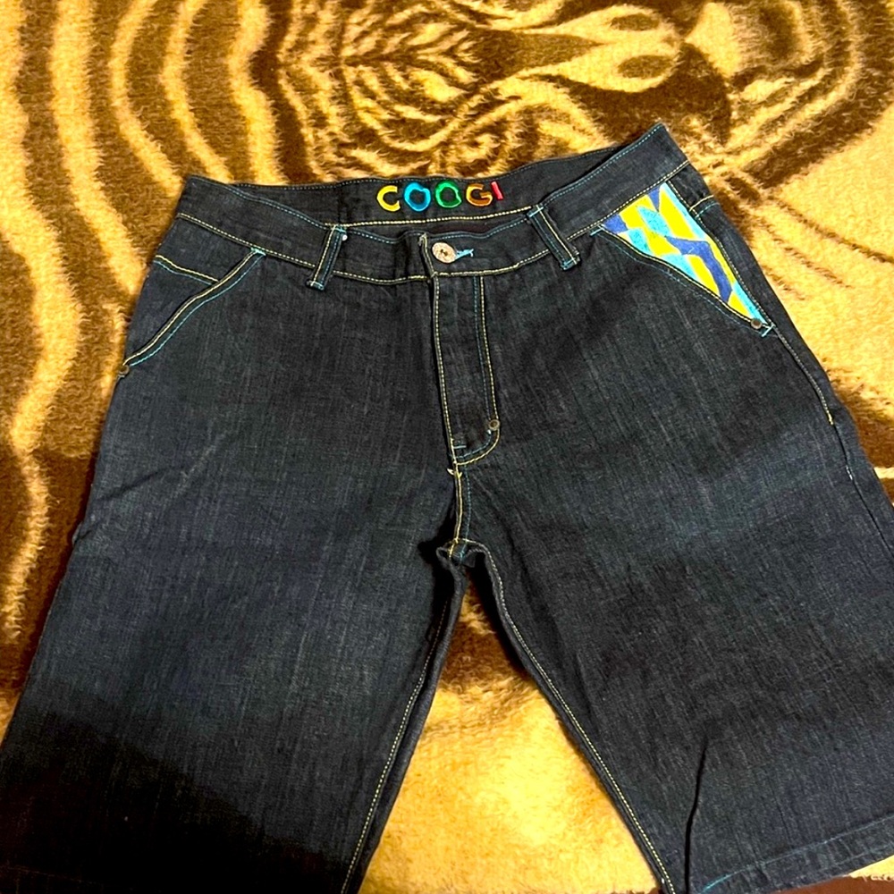 COOGI Men's Dark Blue Denim Shorts with Colorful Accents